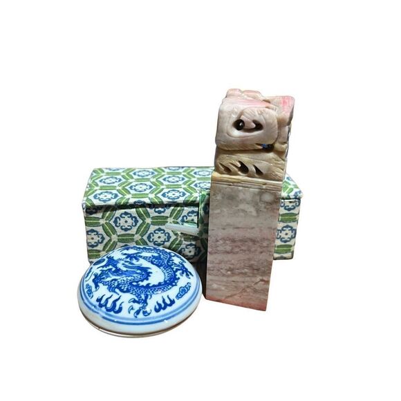 Porcelain Red Print Ink Seal Paste Antique Handcarved Soap Stone Stamp - Picture 1 of 7